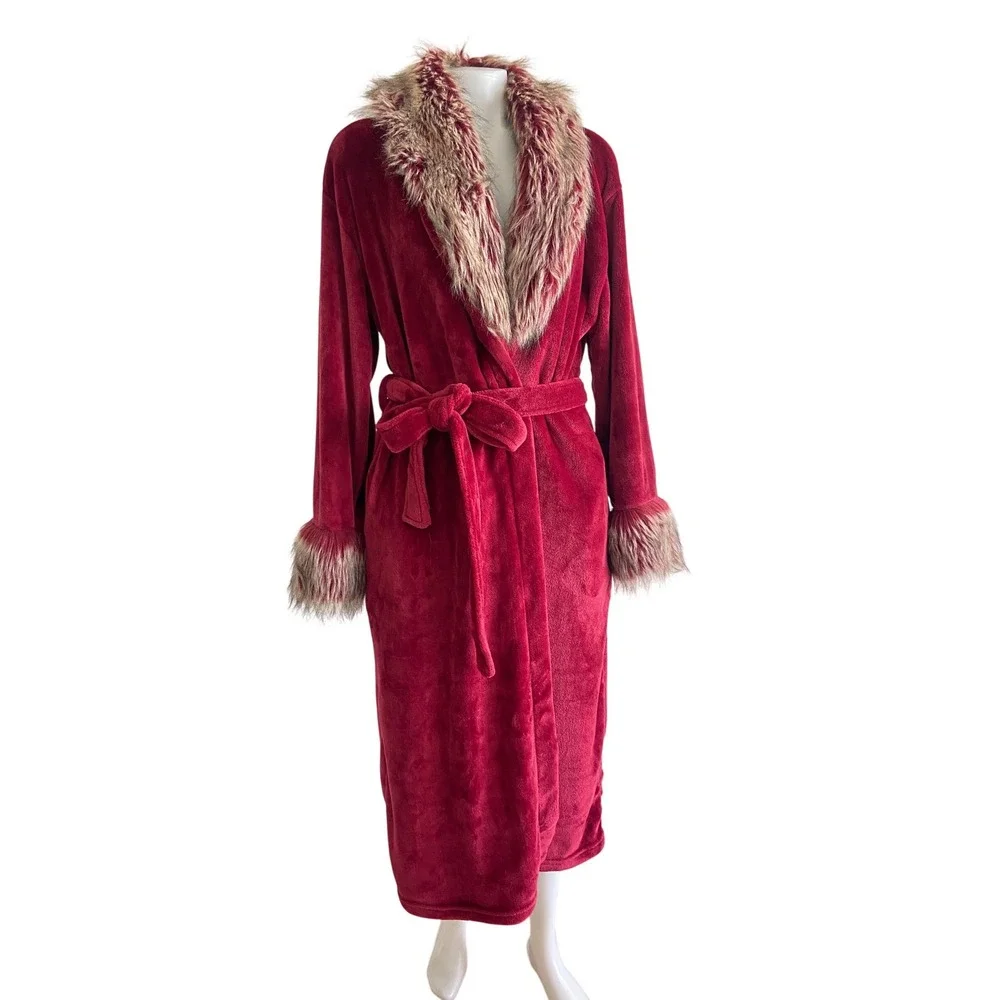 Adrienne Landau Womens Red Faux Fur Trim Plush Fleece‎ Long Robe M/L Loungewear